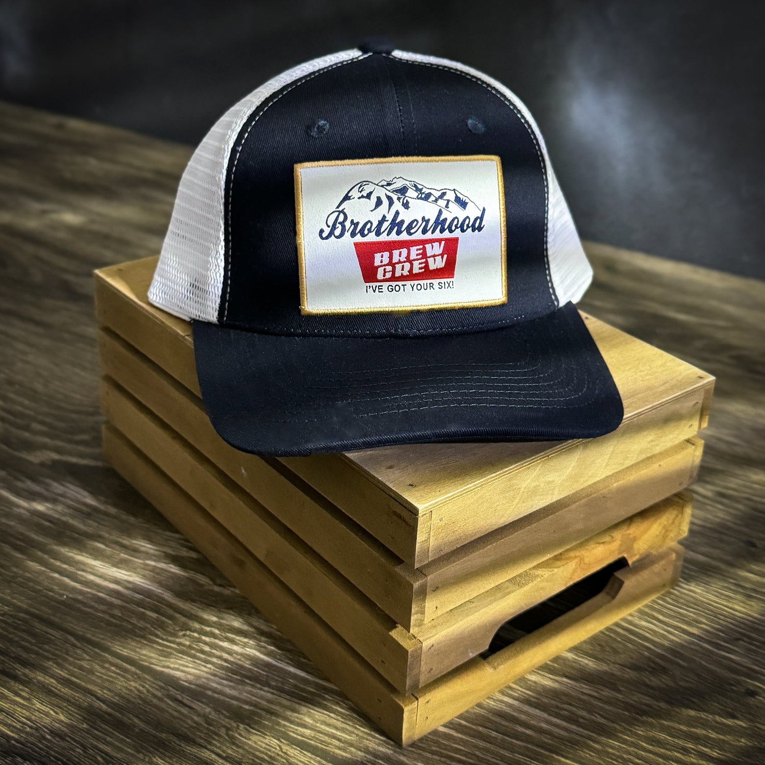 Brotherhood Brew Crew trucker hat with mountain graphic and mesh back, perfect for linemen and blue-collar workers