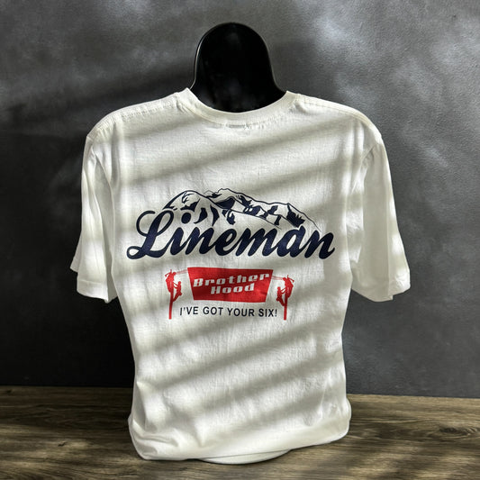 LineMan Brotherhood Brew Crew white t-shirt with mountain logo and 'I've Got Your Six' design.
