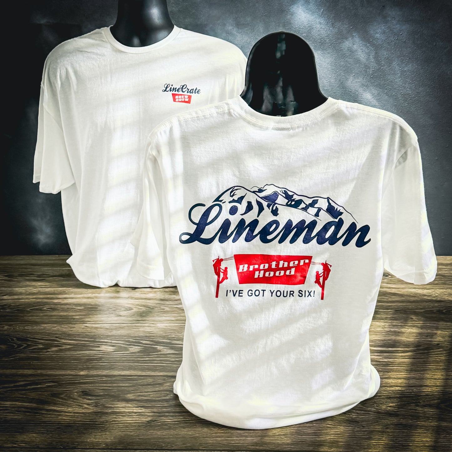 LineMan Brotherhood Brew Crew white t-shirt with mountain logo and 'I've Got Your Six' design.