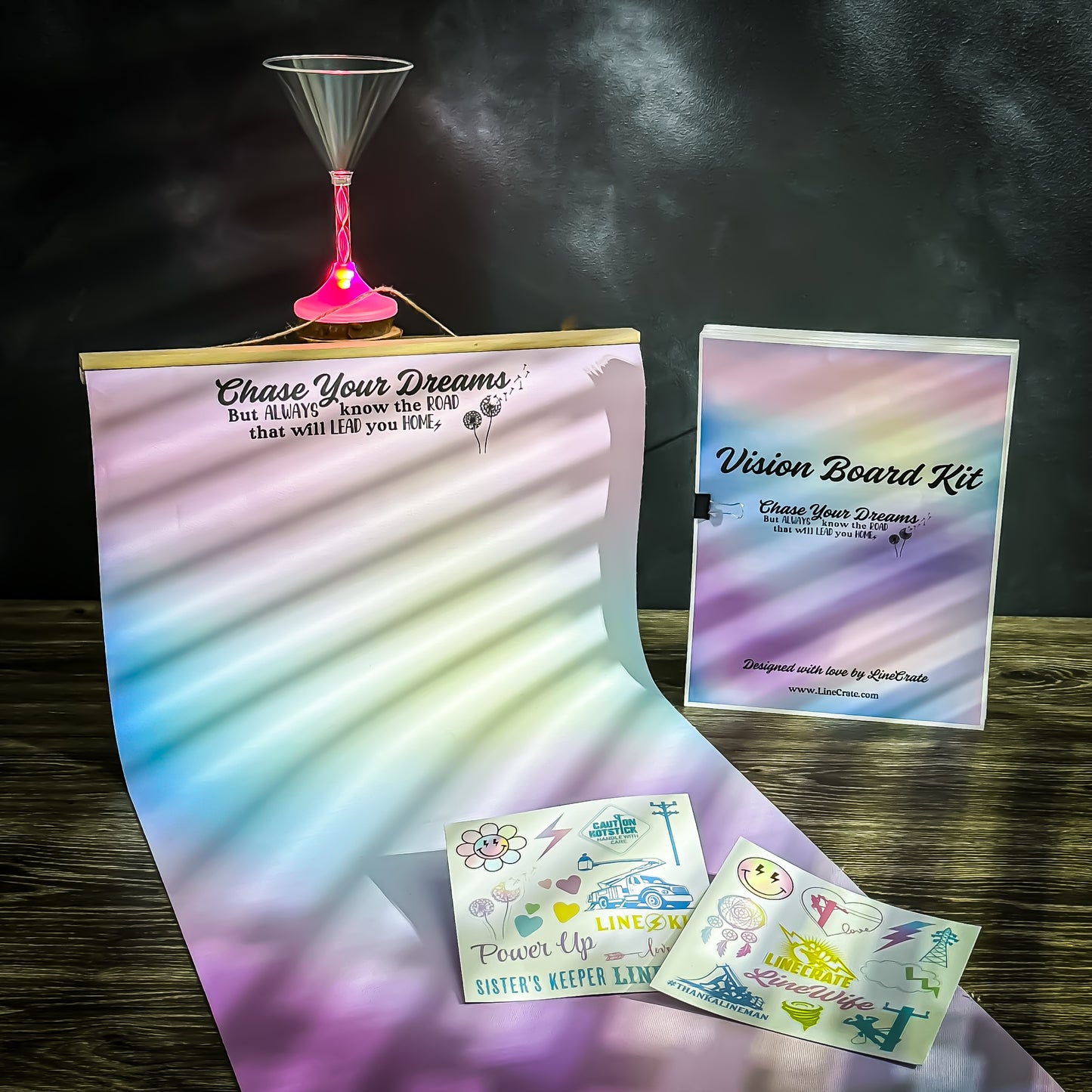 Relax & Manifest Your Dreams - Vision Board Kit- LineBabe Light-Up Cocktail Glass, Vision Board Sticker Set, Digital Vision Board Kit