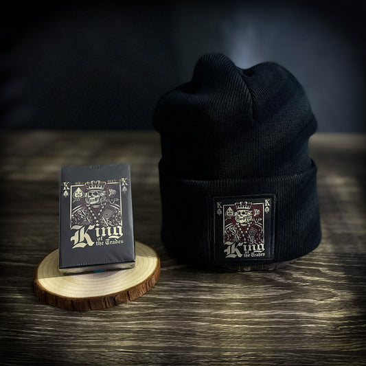 King of the Trades beanie and custom playing cards set, designed for blue-collar workers
