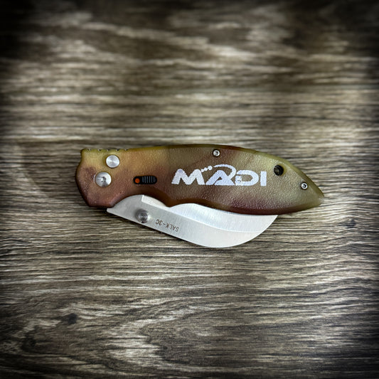 Madi Spring Assisted Knife with belt clip and stainless steel blade, ideal for linemen and blue-collar workers