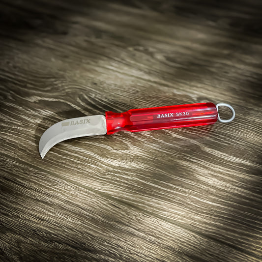 Basix SK30 Lineman’s Knife with curved blade and red handle, perfect for blue-collar workers and linemen