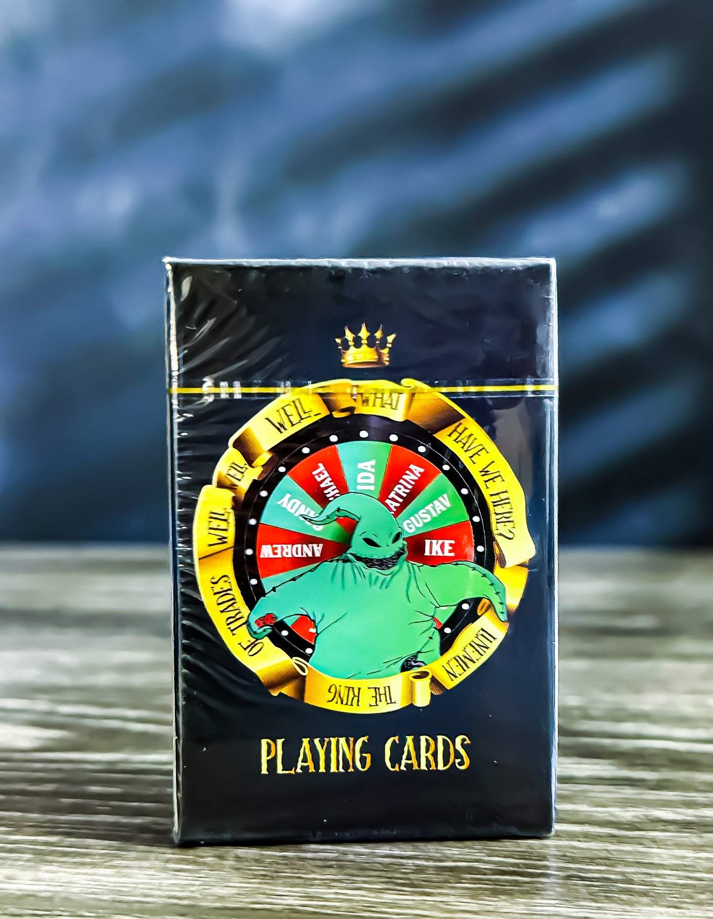 LineMen, King of the Trades Storm Edition playing cards with storm-inspired artwork on black packaging