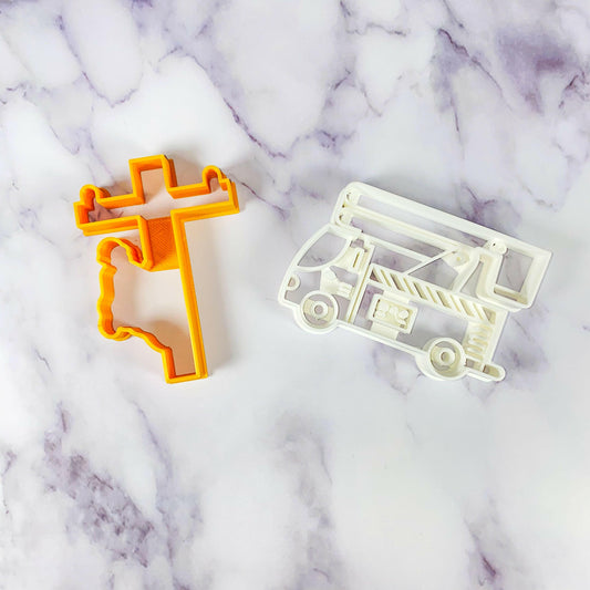 Lineman On Utility Pole and Bucket Truck Cookie Cutter Set - USA Made on Countertop