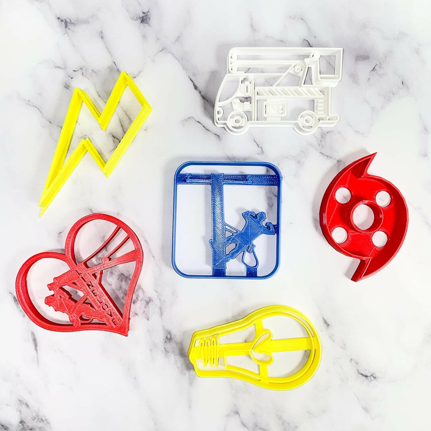 #ThankALineman cookie cutter set USA Made - lightning bolt, light bulb with heart, bucket truck, storm, lineman strong, linelove