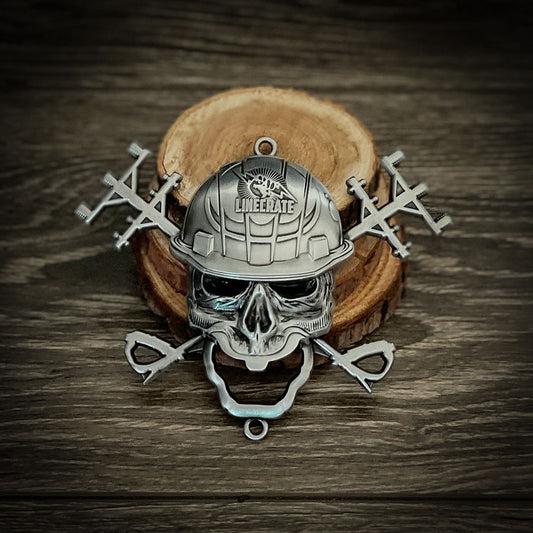 LineMan wall-mounted bottle opener featuring a skull with crossed power poles design.