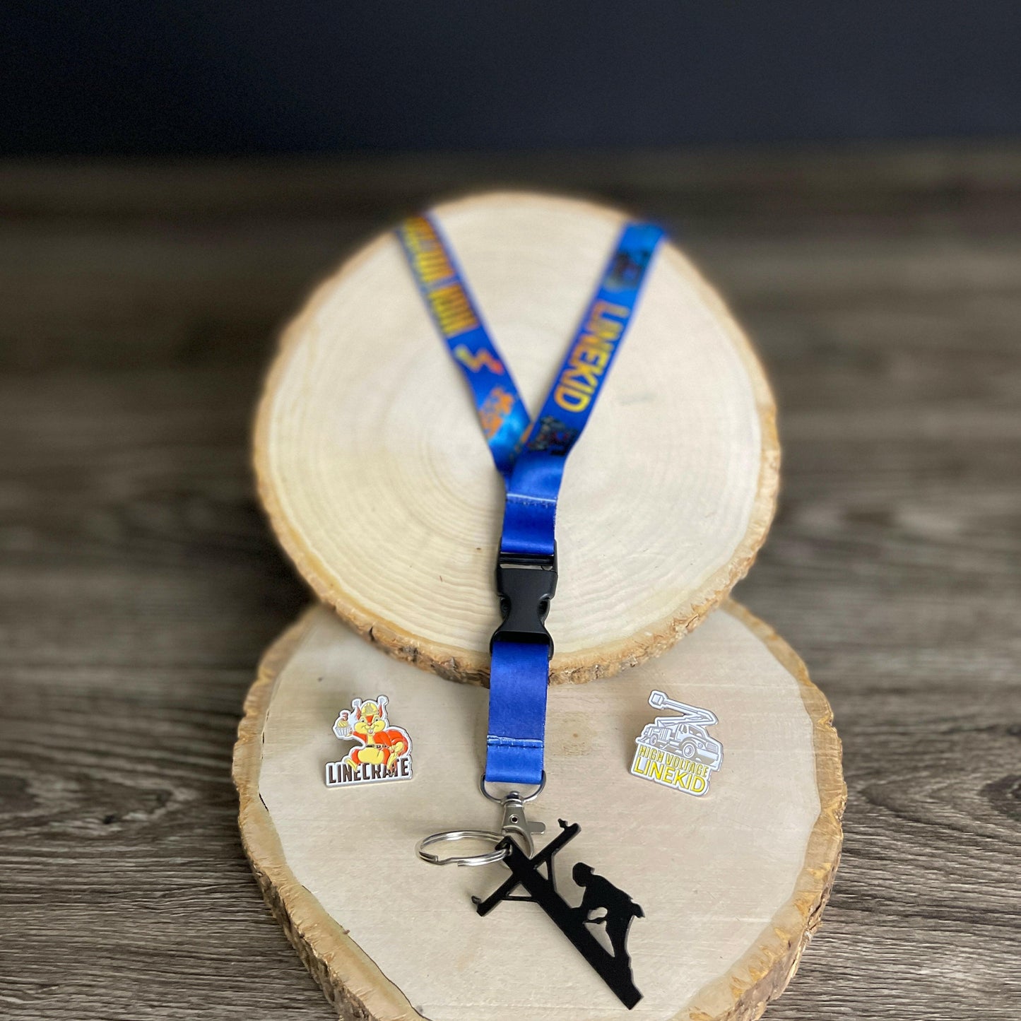LineKid First Edition collector pin set - 3rd birthday squirrel linecrate pin, high voltage LineKid pin, high voltage LineKid lanyard, lineman on pole keychain set
