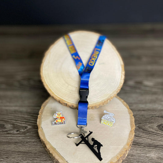 LineKid First Edition collector pin set - 3rd birthday squirrel linecrate pin, high voltage LineKid pin, high voltage LineKid lanyard, lineman on pole keychain set
