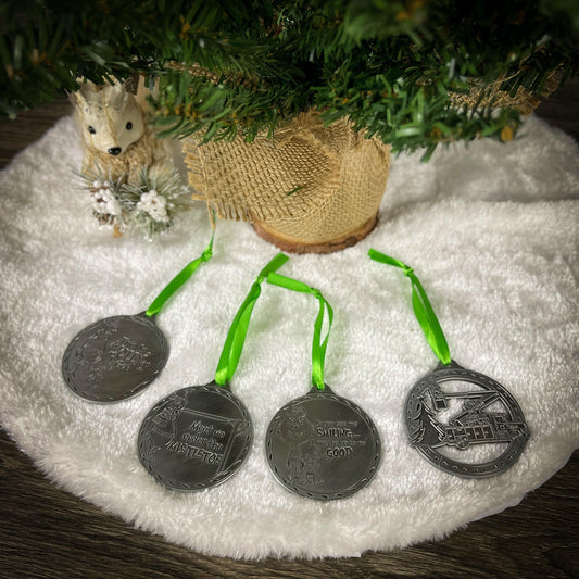 LineFamily LineLife family Lineman LineLady LineKid Grinch and Max LinePup in bucket truck 4 piece holiday Christmas ornament set