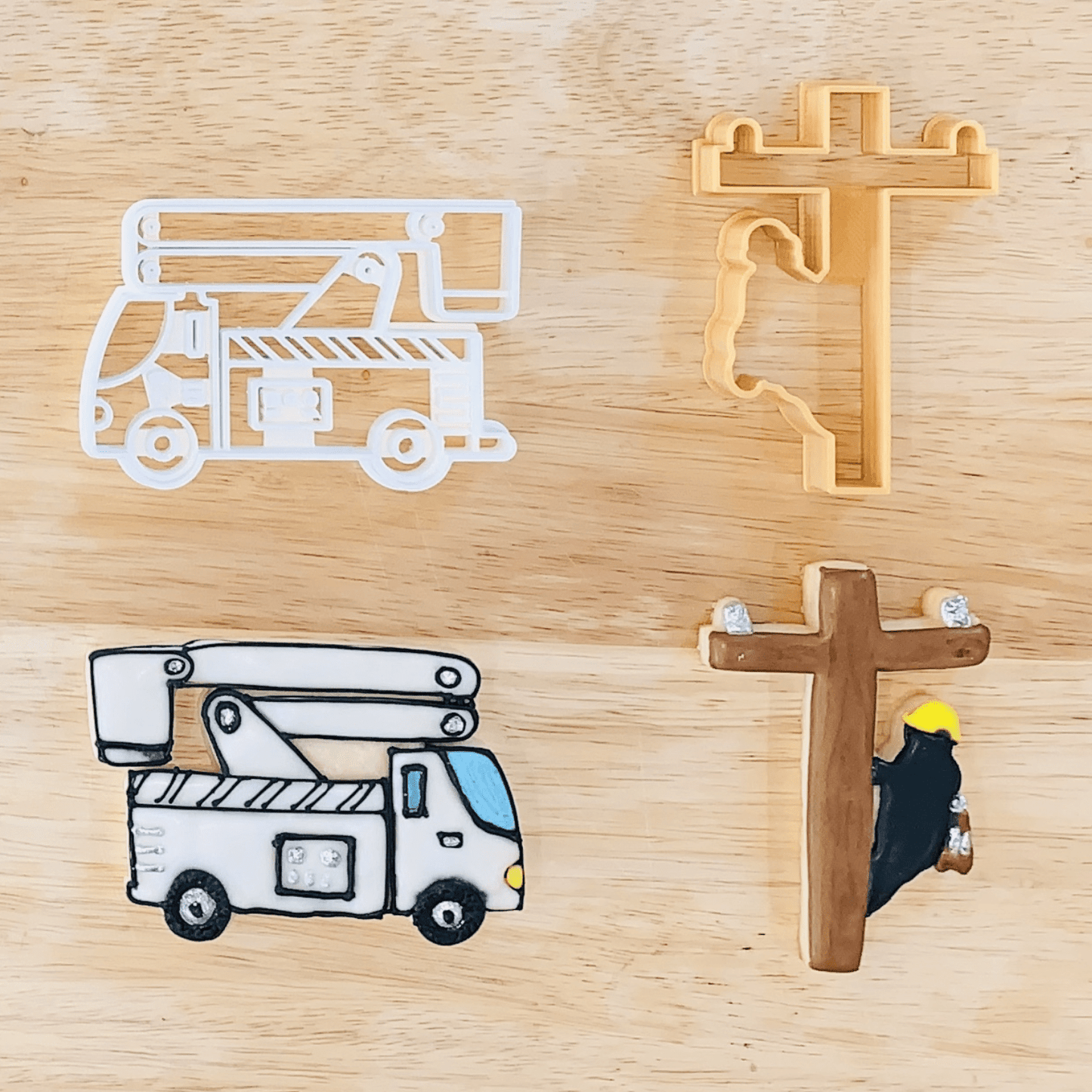 Lineman On Utility Pole and Bucket Truck Cookie Cutter Set - USA Made cutters beside decorated cookie examples