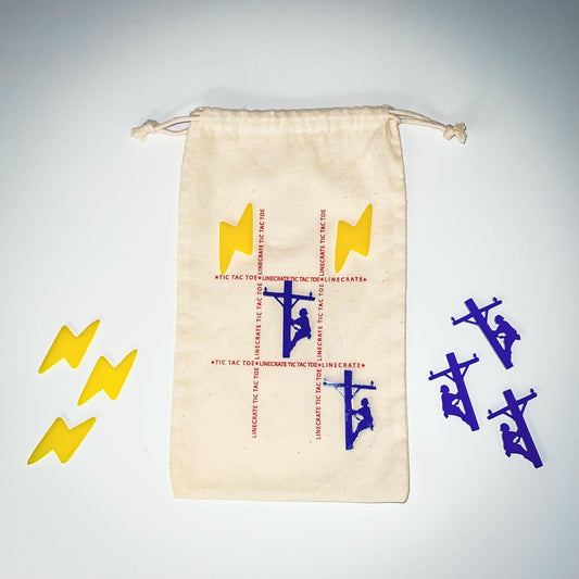 Lineman tic tac toe game and storage bag, yellow lightning bolt game pieces, and blue lineman game pieces