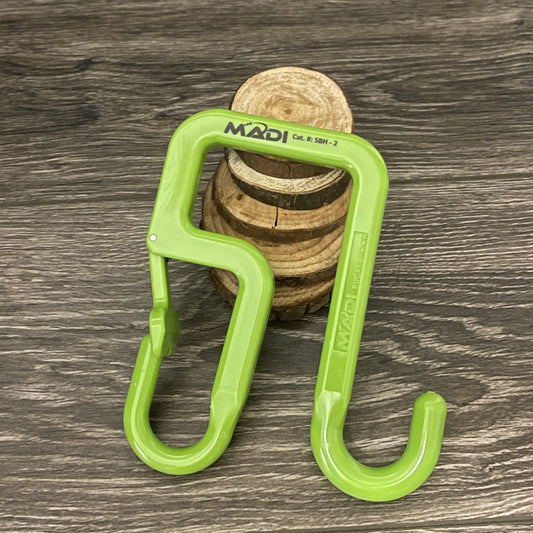 Madi Bucket Hooks in bright green, designed for linemen and blue-collar workers to hang tools