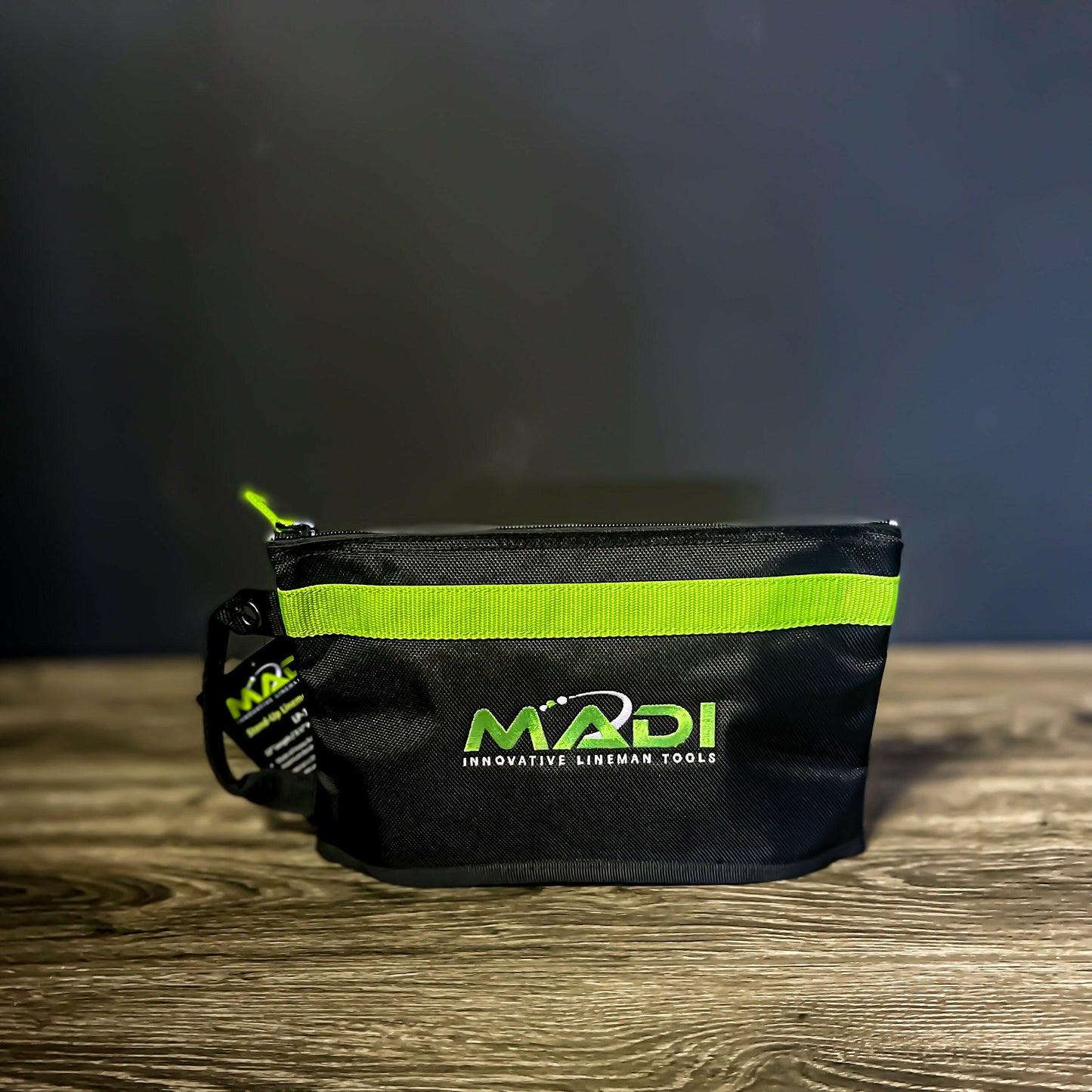 Madi Stand Up Pouch made of heavy-duty ballistic nylon, water-resistant and puncture-proof, perfect for linemen and blue-collar workers