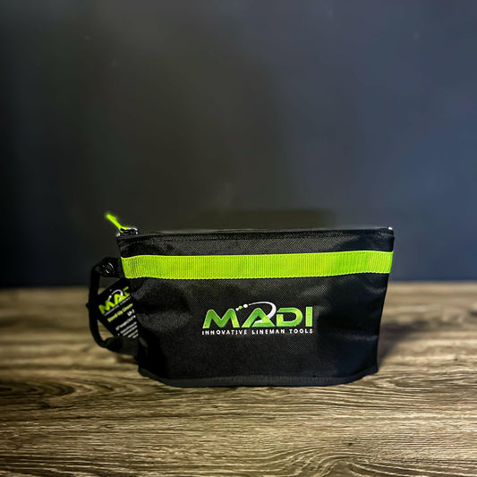 Madi Stand Up Pouch made of heavy-duty ballistic nylon, water-resistant and puncture-proof, perfect for linemen and blue-collar workers