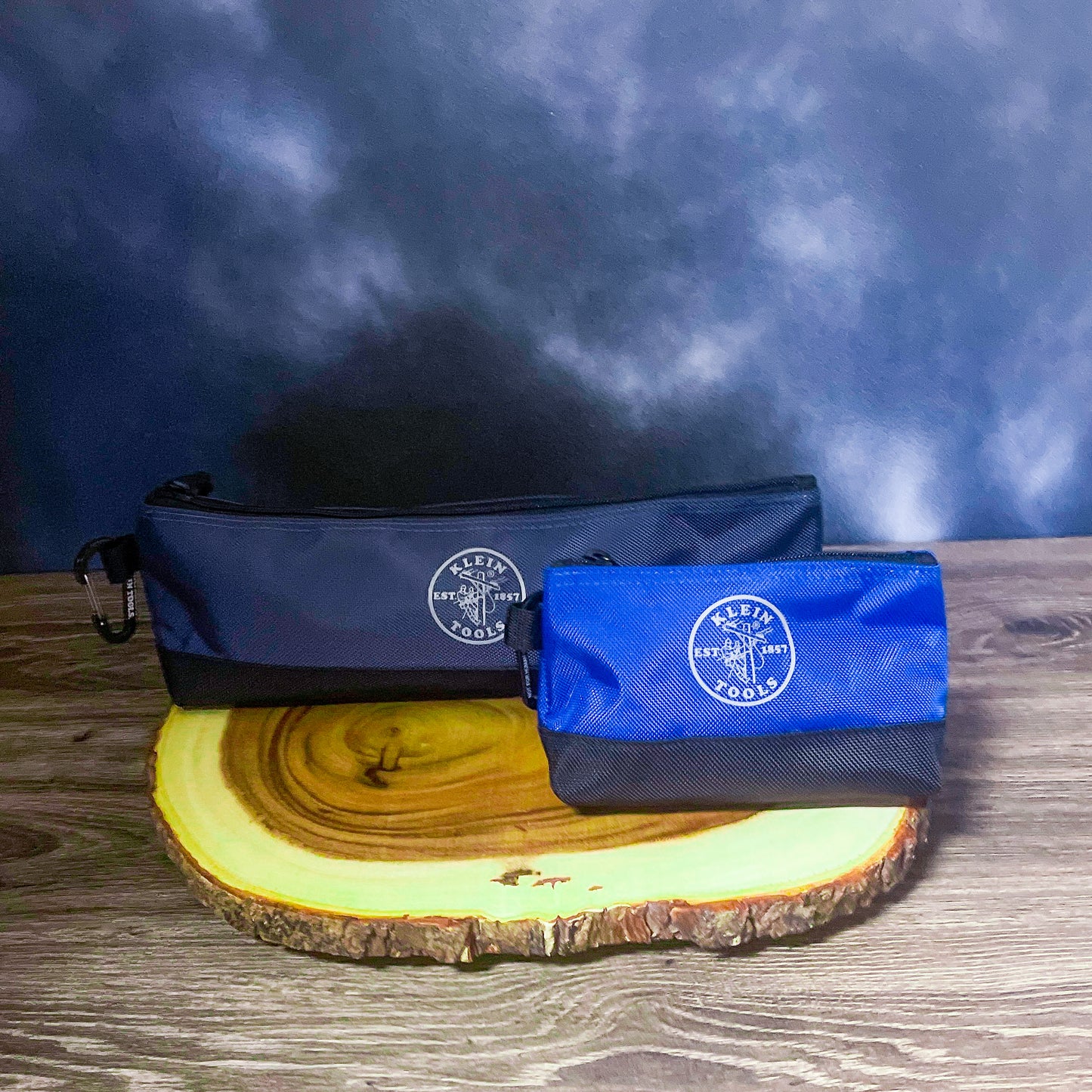 Klein Tools two-pouch set for linemen, featuring a large and small blue pouch.