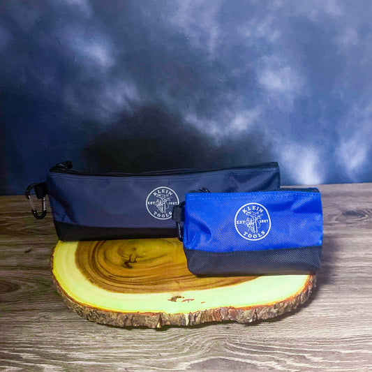 Klein Tools two-pouch set for linemen, featuring a large and small blue pouch.