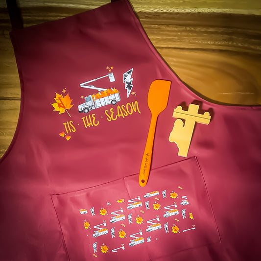 LineLady Tis The Season Apron - LineMan On Utility Pole Recipe Holder - Silicone Spatula