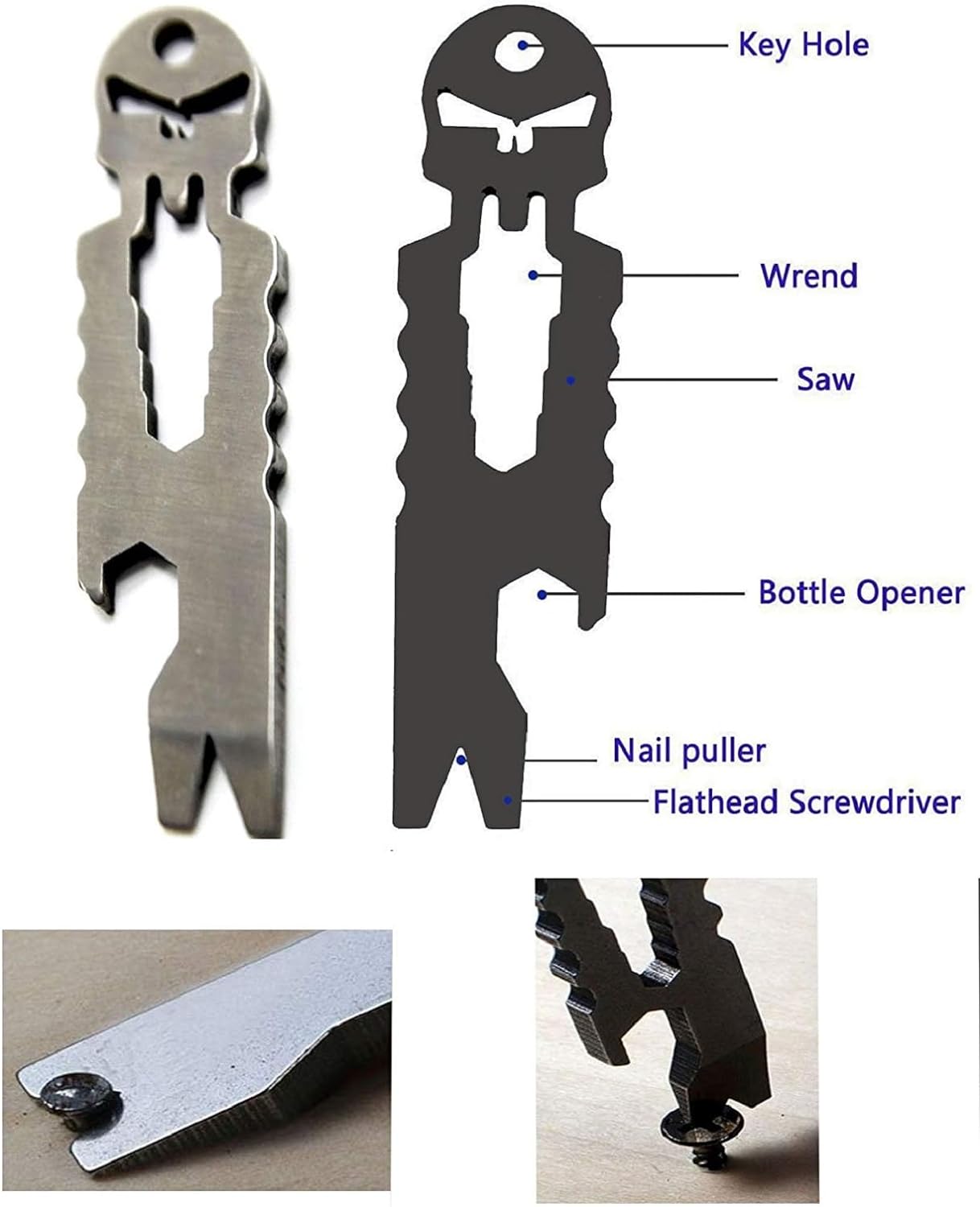 Black skull-shaped multi-tool with 6 functions, including wrench, bottle opener, saw, and screwdriver