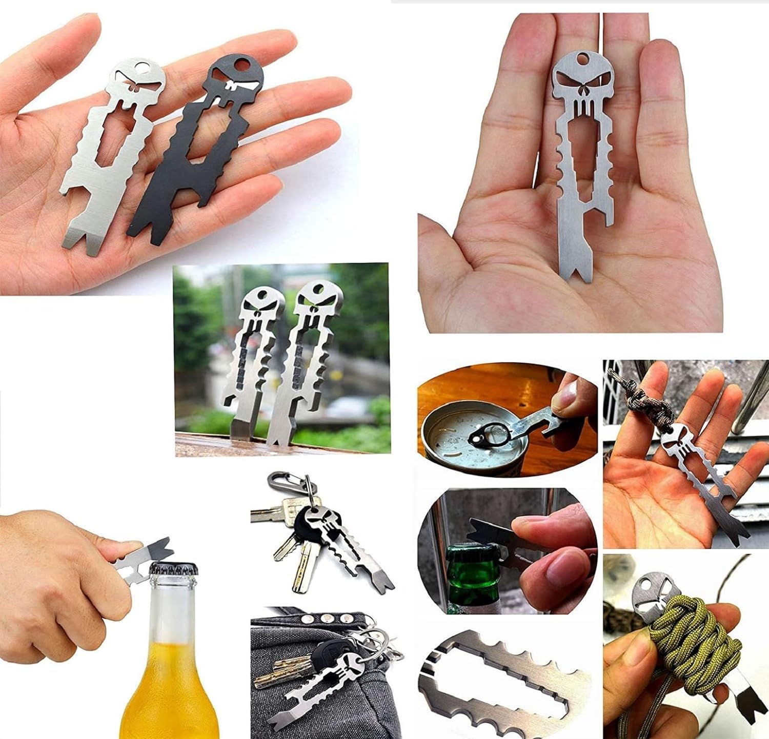 Black skull-shaped multi-tool with 6 functions, including wrench, bottle opener, saw, and screwdriver