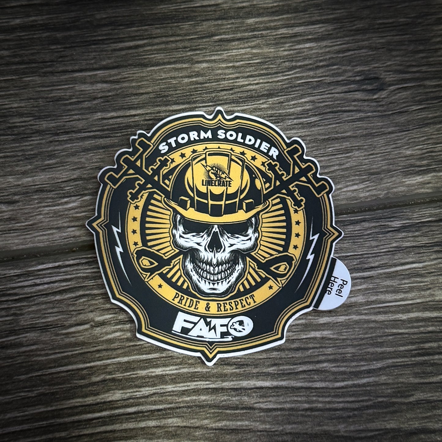 FAFO Storm Soldier sticker featuring a lineman skull with cross tools and bold "FAFO" text, measuring 2.5" x 2.5".