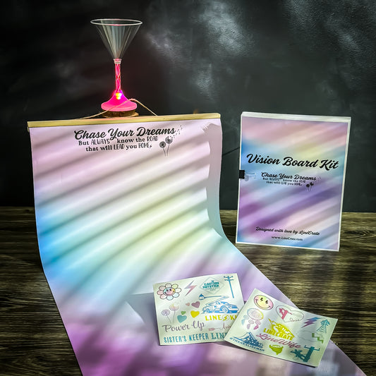 Relax & Manifest Your Dreams - Vision Board Kit-  LineBabe Light-Up Cocktail Glass, Vision Board Sticker Set, Digital Vision Board Kit