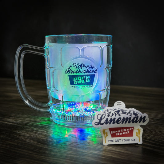 Brotherhood Brew Crew light-up beer stein with matching die-cut Lineman Brotherhood sticker, featuring 'I’ve Got Your Six' message