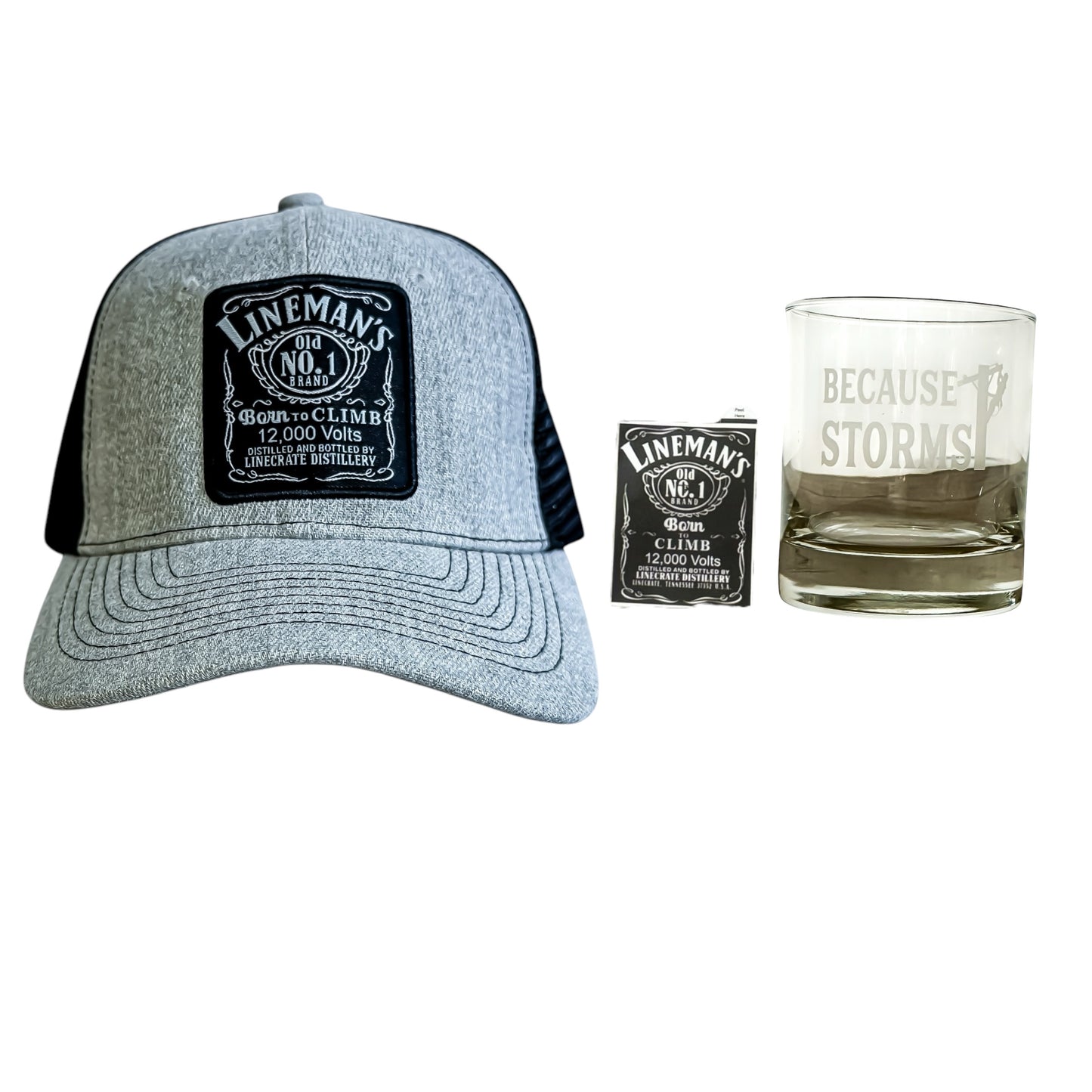 Born to Climb Hat, Sticker, and Because Storms Whiskey Glass Bundle