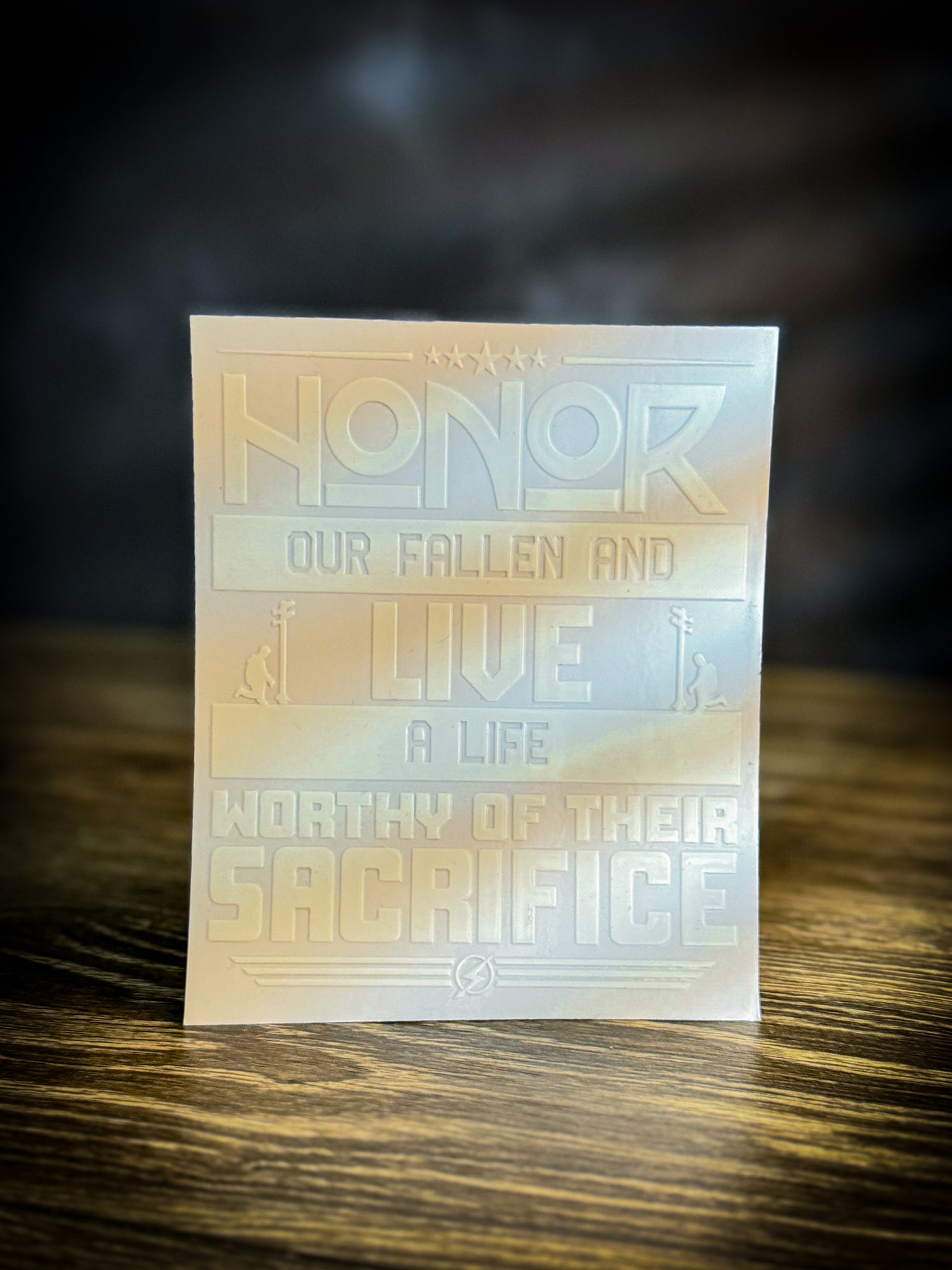 Honor Our Fallen and Live a Life Worthy of Their Sacrifice car window sticker in clear vinyl, featuring a tribute message with lineman graphics on both sides of the text