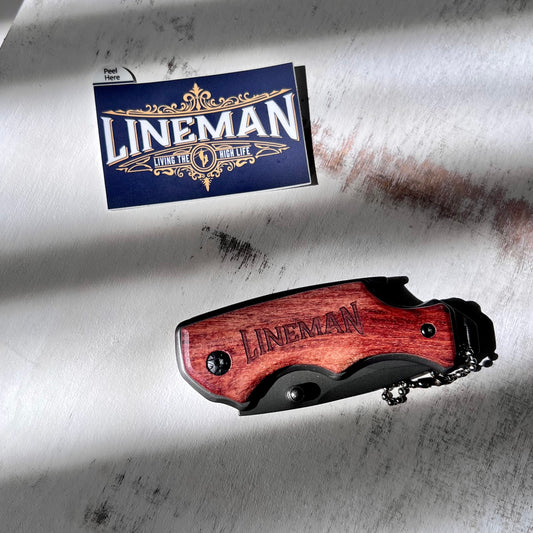 LineMan Engraved Folding Knife And "Living The High Life" Sticker