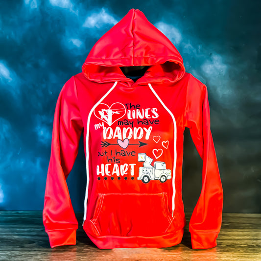 Red LineKid's hoodie with a cute design featuring the text "The Lines may have my Daddy, but I have his Heart," surrounded by hearts, an arrow, and a bucket truck.