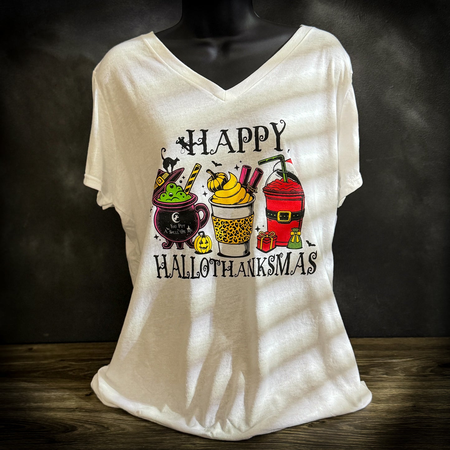 Happy Hallothanksmas Tri-Blend V-Neck Tee – Comfort & Style for LineLadies