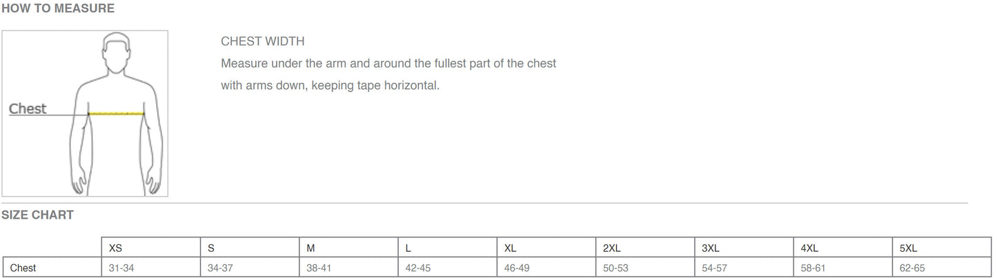 Bella Canvas size chart showing how to measure chest width, with a diagram of a person being measured under the arms. Includes size chart ranging from XS to 5XL, detailing chest measurements in inches.