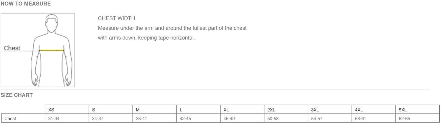 Bella Canvas size chart showing how to measure chest width, with a diagram of a person being measured under the arms. Includes size chart ranging from XS to 5XL, detailing chest measurements in inches.