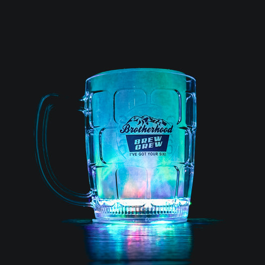 Brotherhood Brew Crew light-up beer stein, featuring 'I’ve Got Your Six' logo for linemen, blue-collar & patriots.