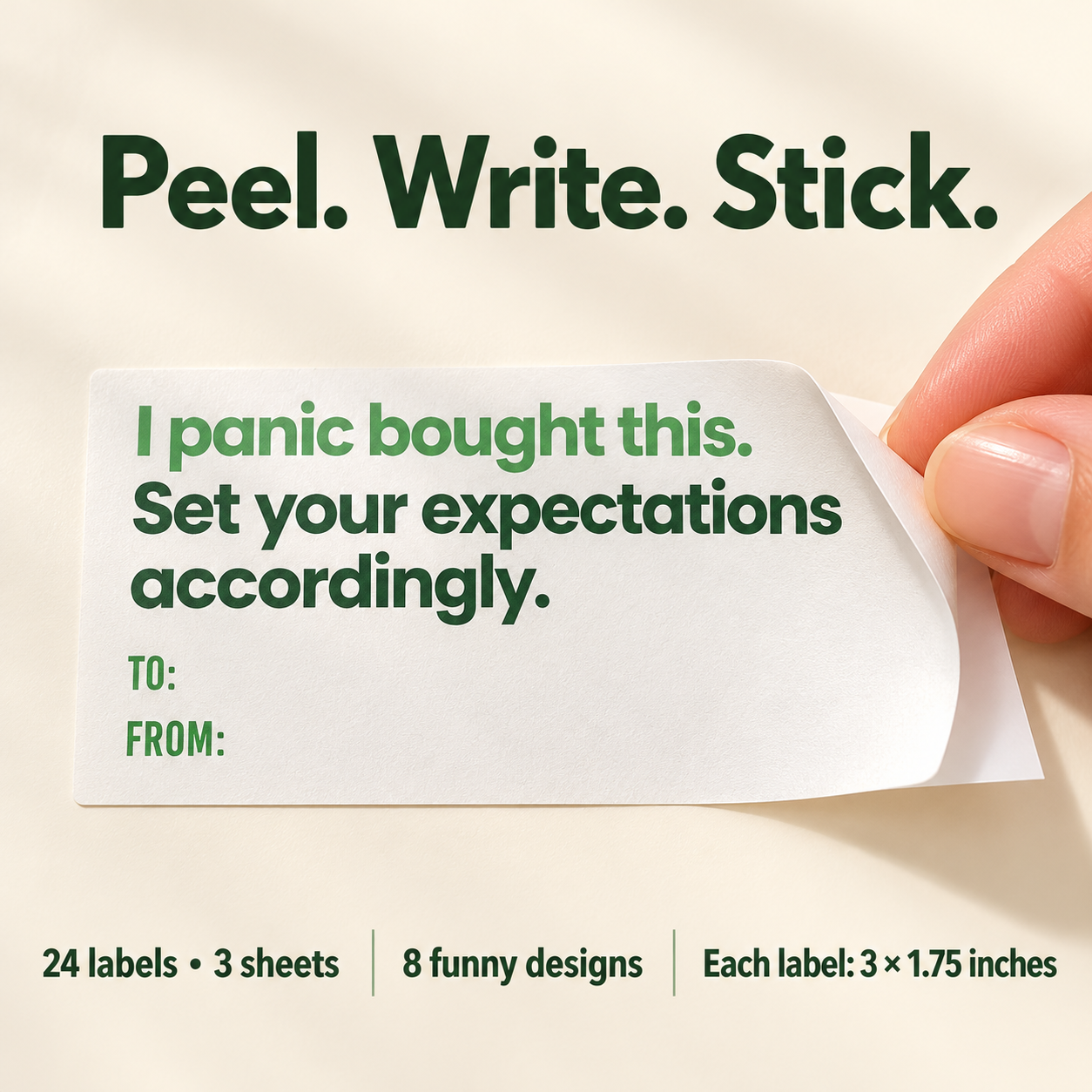 Peel-and-stick gift label detail, 24 labels on three sheets, eight designs, each label 3 by 1.75 inches