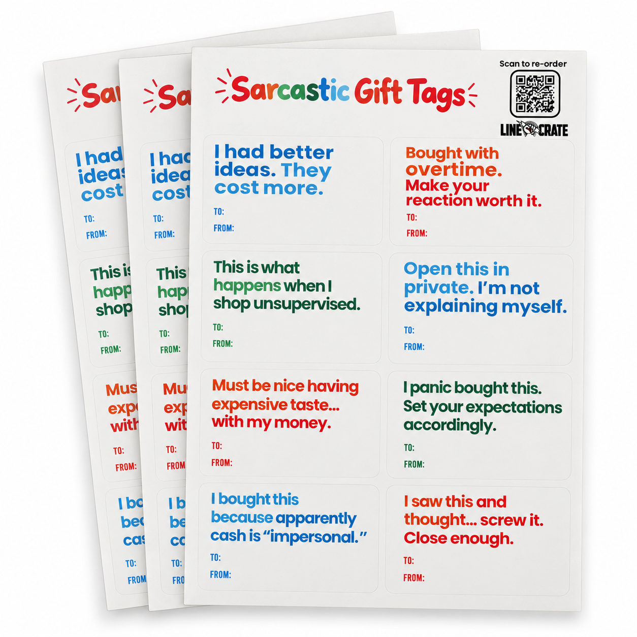 Three sheets of sarcastic gift tag stickers, eight designs per sheet and 24 labels total