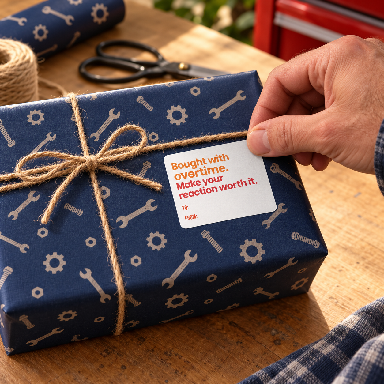 Bought with overtime gift sticker on tool-pattern wrapping paper