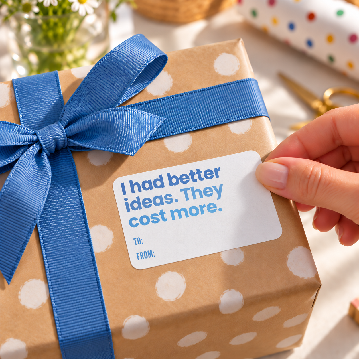 Sarcastic gift sticker on a wrapped present with a blue ribbon