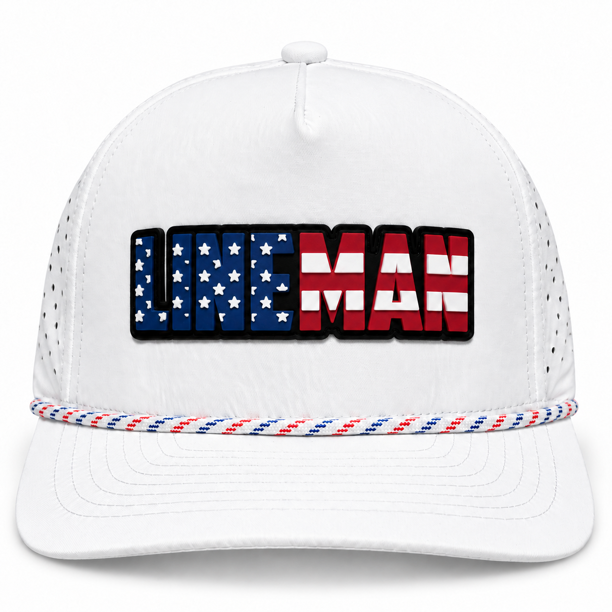 White Lineman American flag rope hat, front view