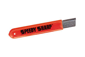 Speedy Sharp tool with tungsten carbide edge, ideal for sharpening knives and tools used by linemen and blue-collar workers