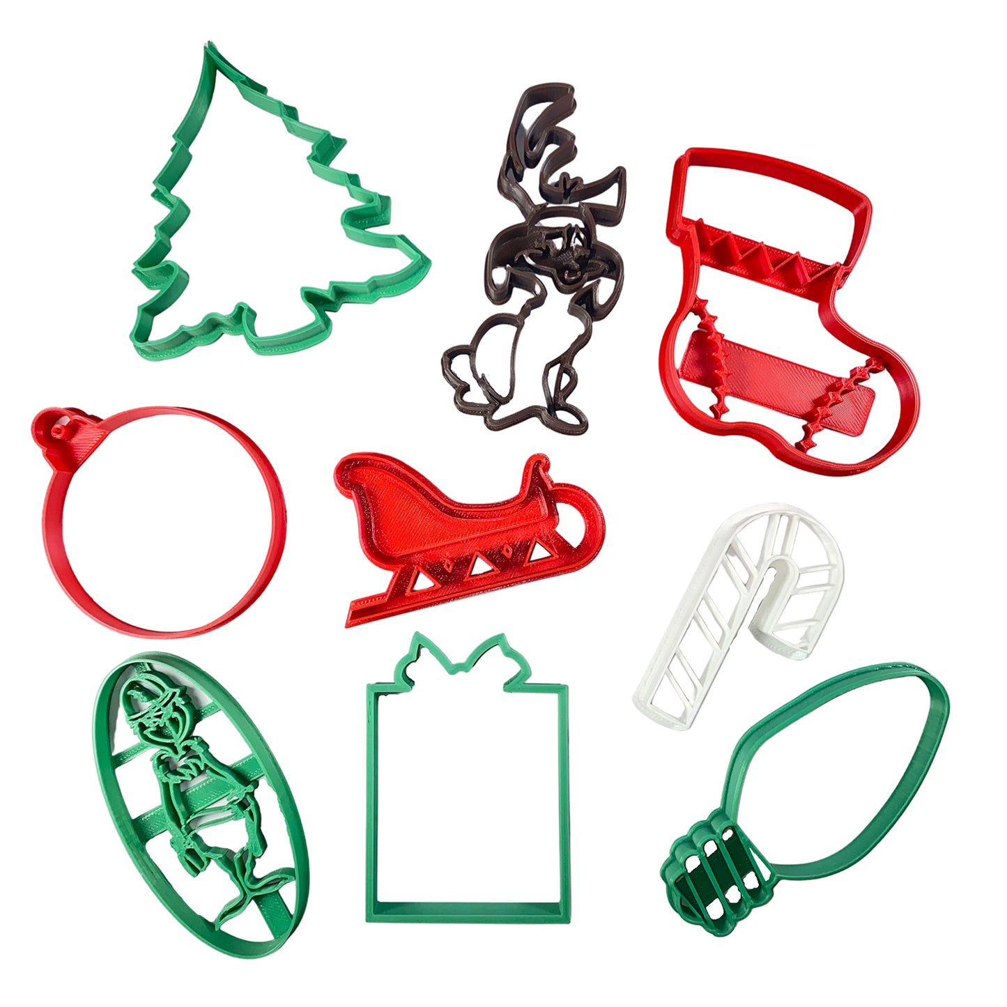 Jolly Green Lineman Holiday Cookie Cutter 9 piece Set - USA Made - Grinch Lineman, Max LinePup Dog, Christmas Tree, Christmas Twinkle Bulb Light, Holiday Ornament, Stocking, Present, Candy Cane, Sleigh