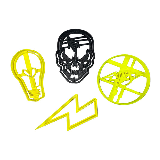 Lineman Skull Cookie Cutter Set - USA Made - Lineman in Skull, Lightning Bolt Fist, Lightbulb with Heart, Lightning Bolt outline