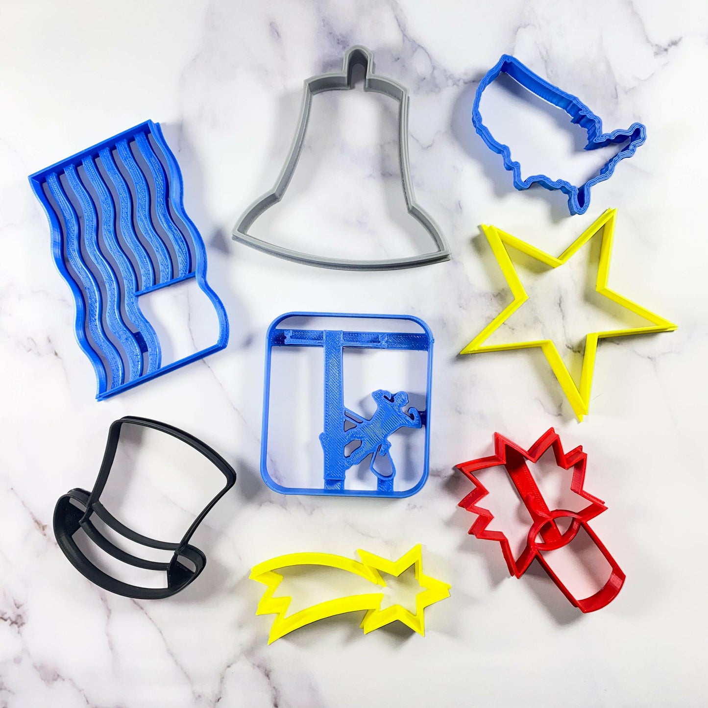 American Lineman cookie cutter set - USA Made - Lineman strong, American Flag, Liberty Bell, USA Map, Star, Shooting Star, Firecracker, Uncle Sam Hat