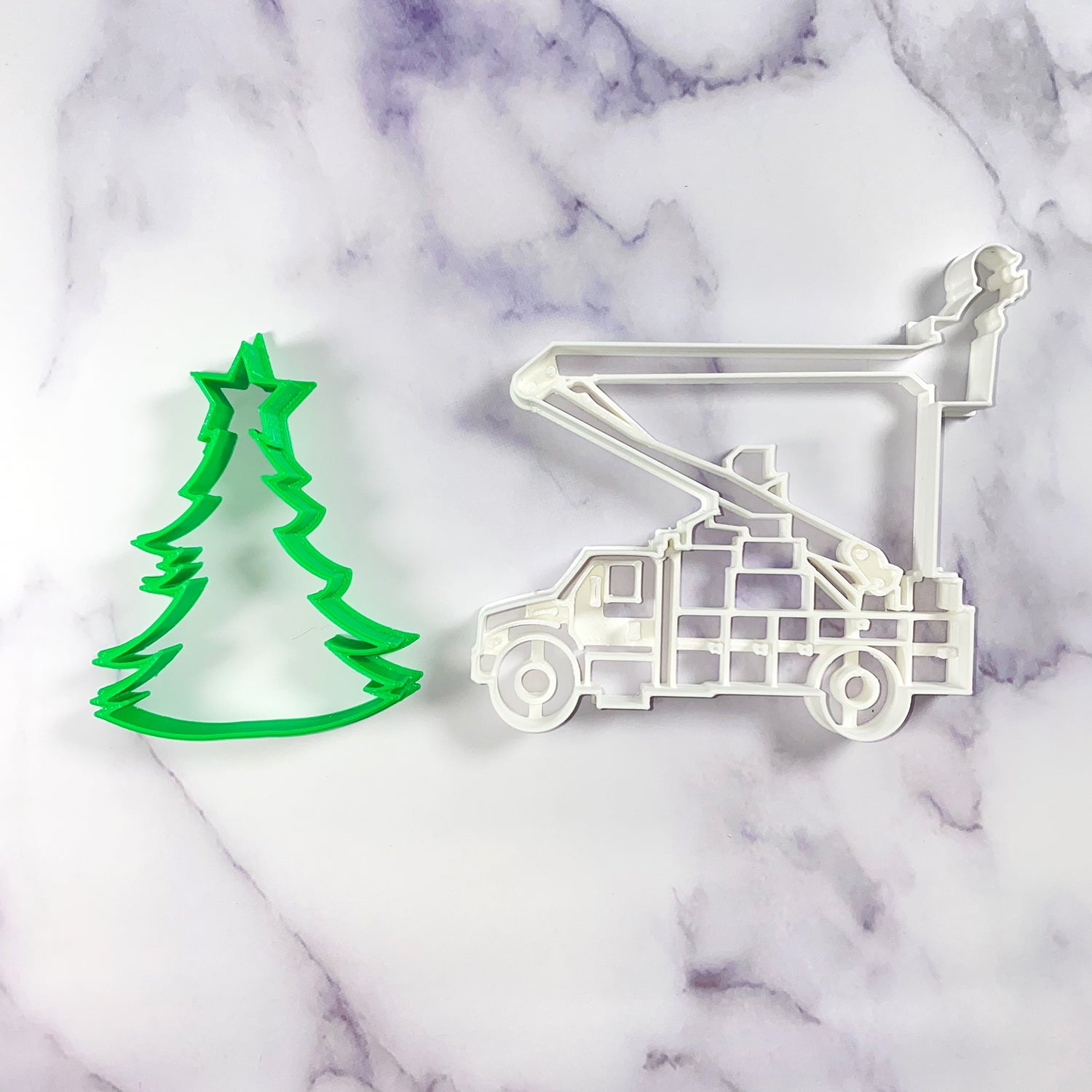 Christmas Brought to You by Linemen Cookie Cutter Set - USA Made - Holiday Tree with Star, Bucket Truck with Boom Up on Countertop