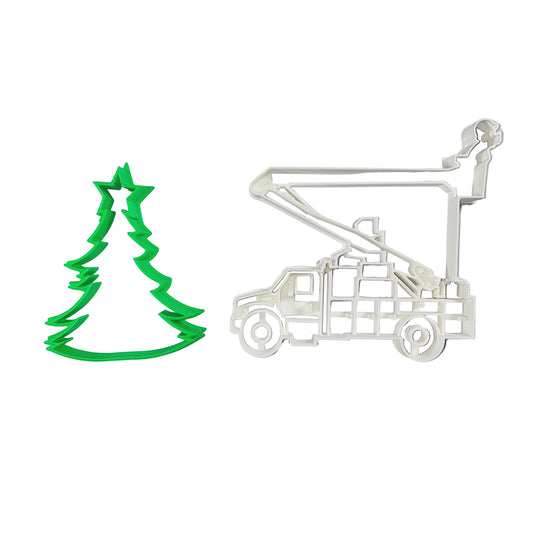 Christmas Brought to You by Linemen Cookie Cutter Set - USA Made - Holiday Tree with Star, Bucket Truck with Boom Up