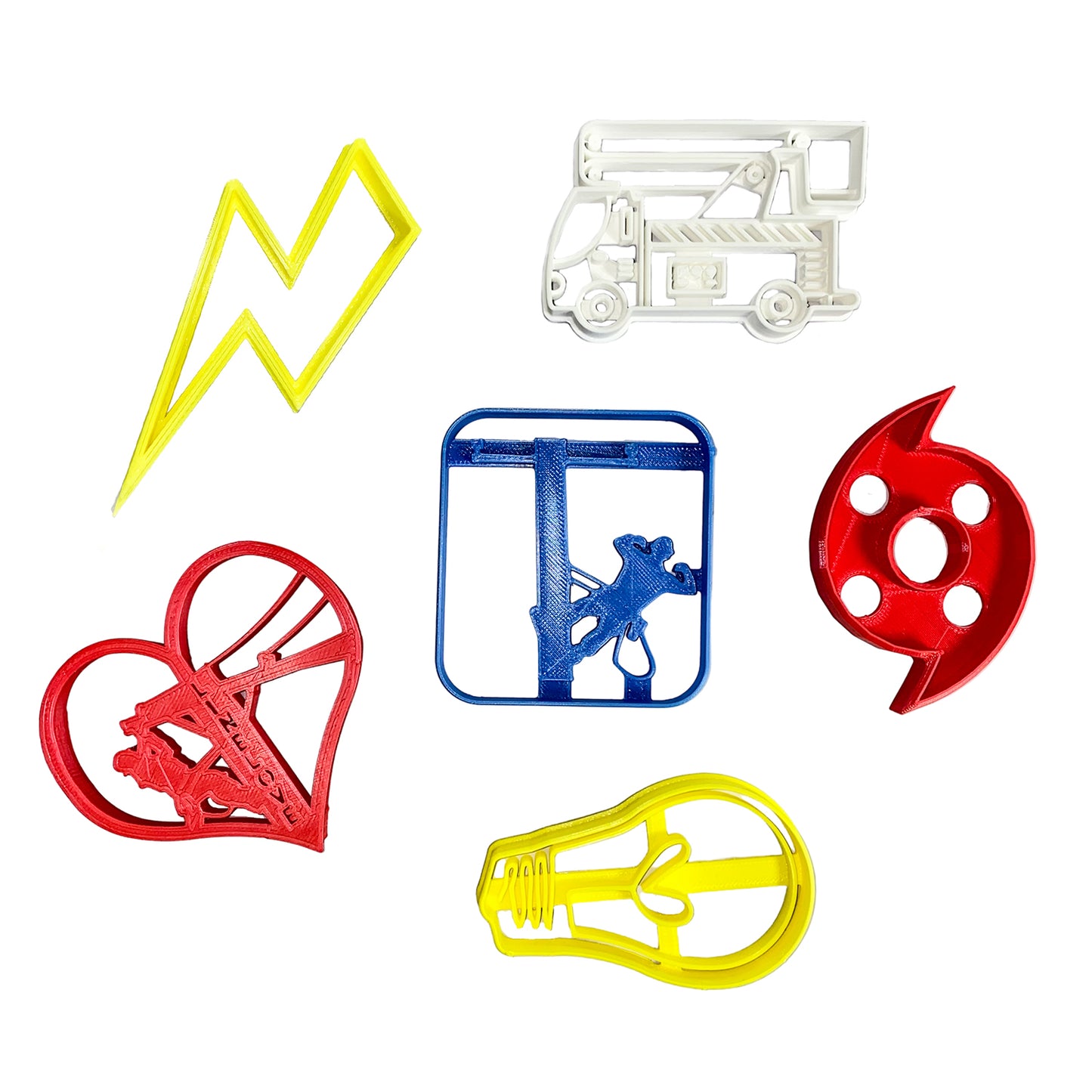 #ThankALineman cookie cutter set USA Made - lightning bolt, light bulb with heart, bucket truck, storm, lineman strong, linelove