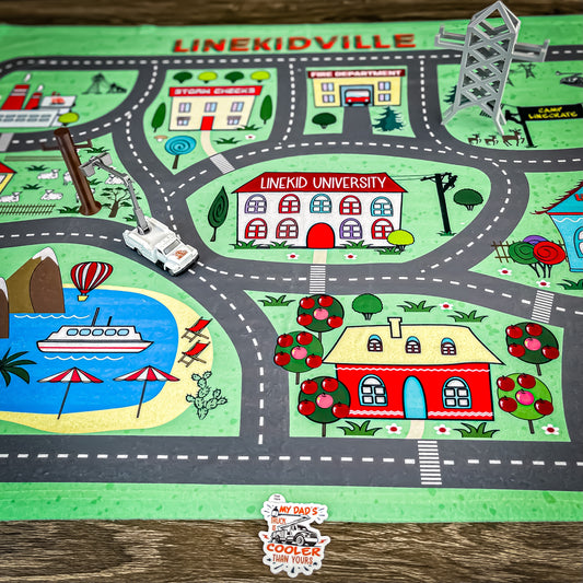 LineKidVille Playset Foldable Mat, Power Pole toy, Transmission Tower figure, Bucket Truck vehicle, My Dads Truck is Cooler Than Yours sticker