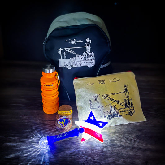 LineKid University Set with Backpack, collapsible water bottle cup, pencil accessory pouch,  mystery lineman sticker, LineKind You Were Born To Be Awesome Silicone Bracelet, Light Up star wand