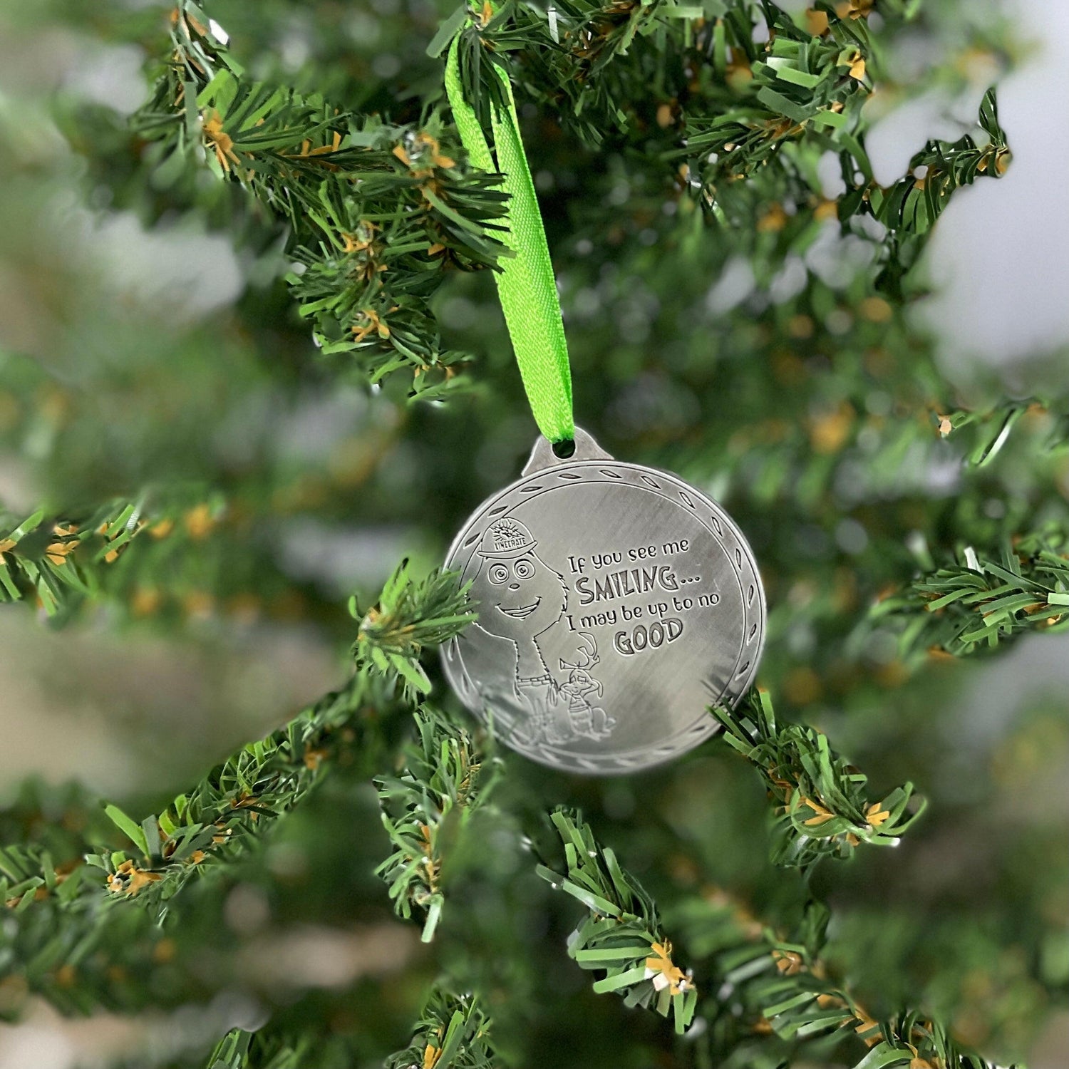 LineFamily LineLife LineKid Grinch holiday Christmas ornament in tree